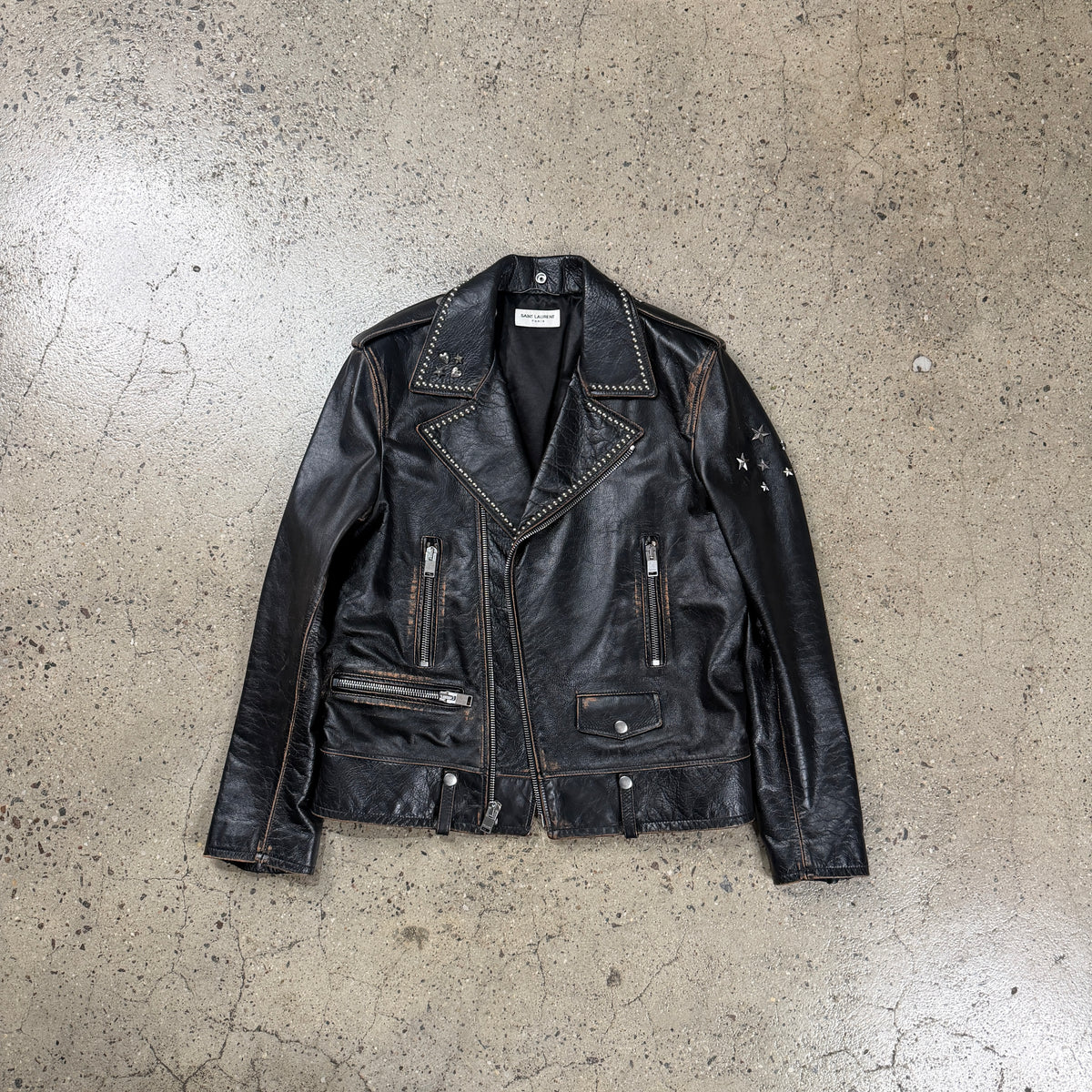 Saint Laurent FW17 L01 Distressed Studded Leather Jacket
