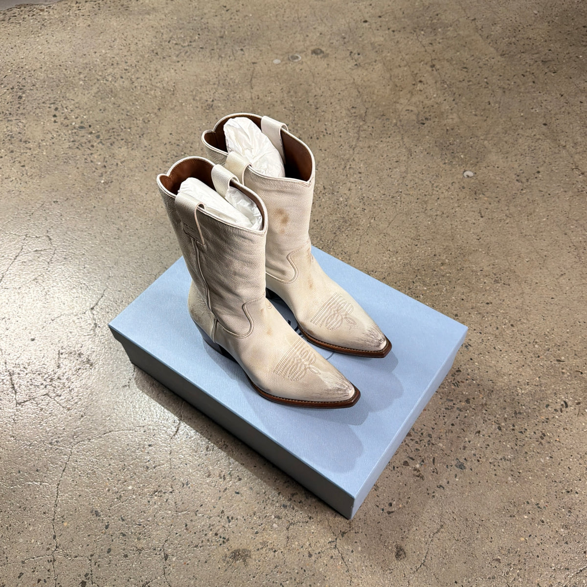 Prada Distressed Leather Cowboy Boots (White)