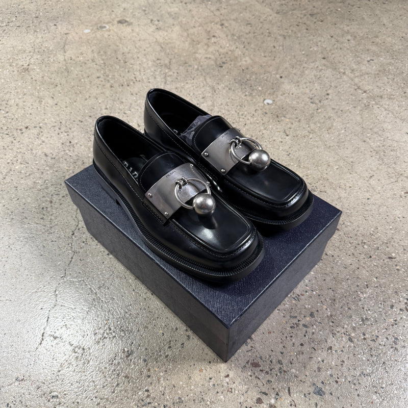 Prada Brushed Leather Metal Ring Loafers