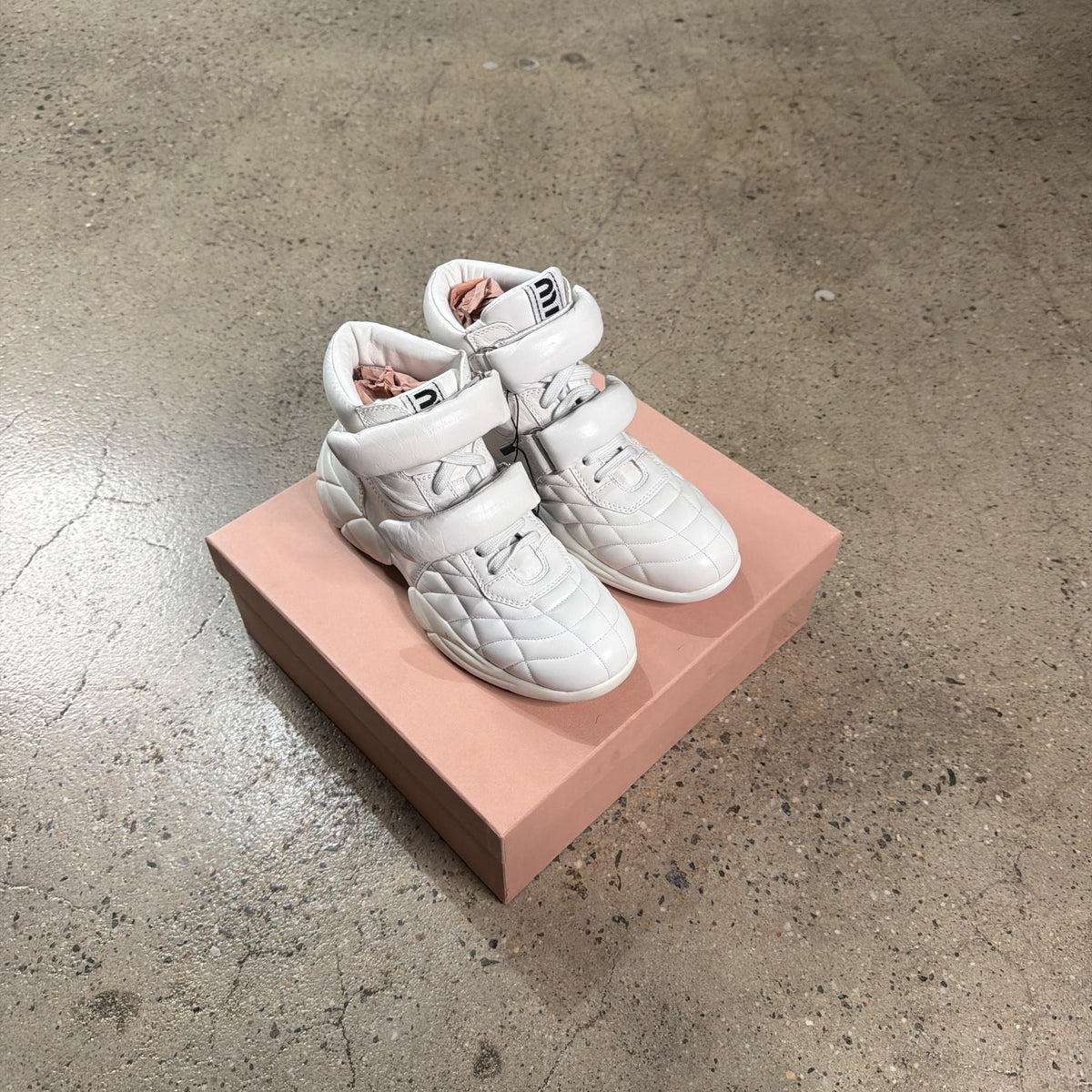 MiuMiu Leather Quilted Velcro High Top Sneakers