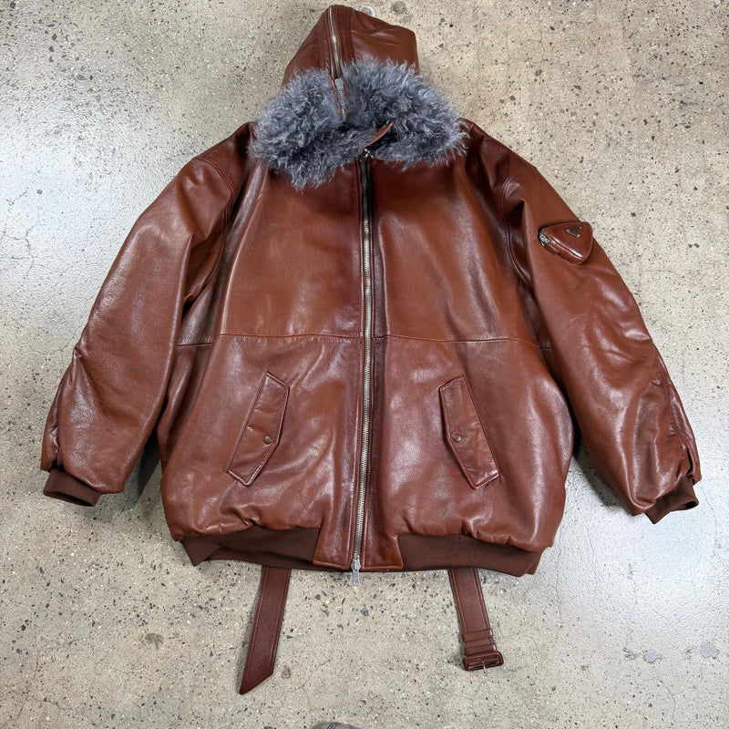 Prada Raf Simons Leather Hooded Bomber Jacket M / Brown