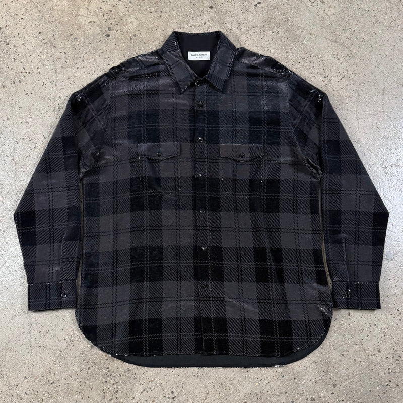 Saint Laurent Plaid Sequin Button-Up Overshirt L tops