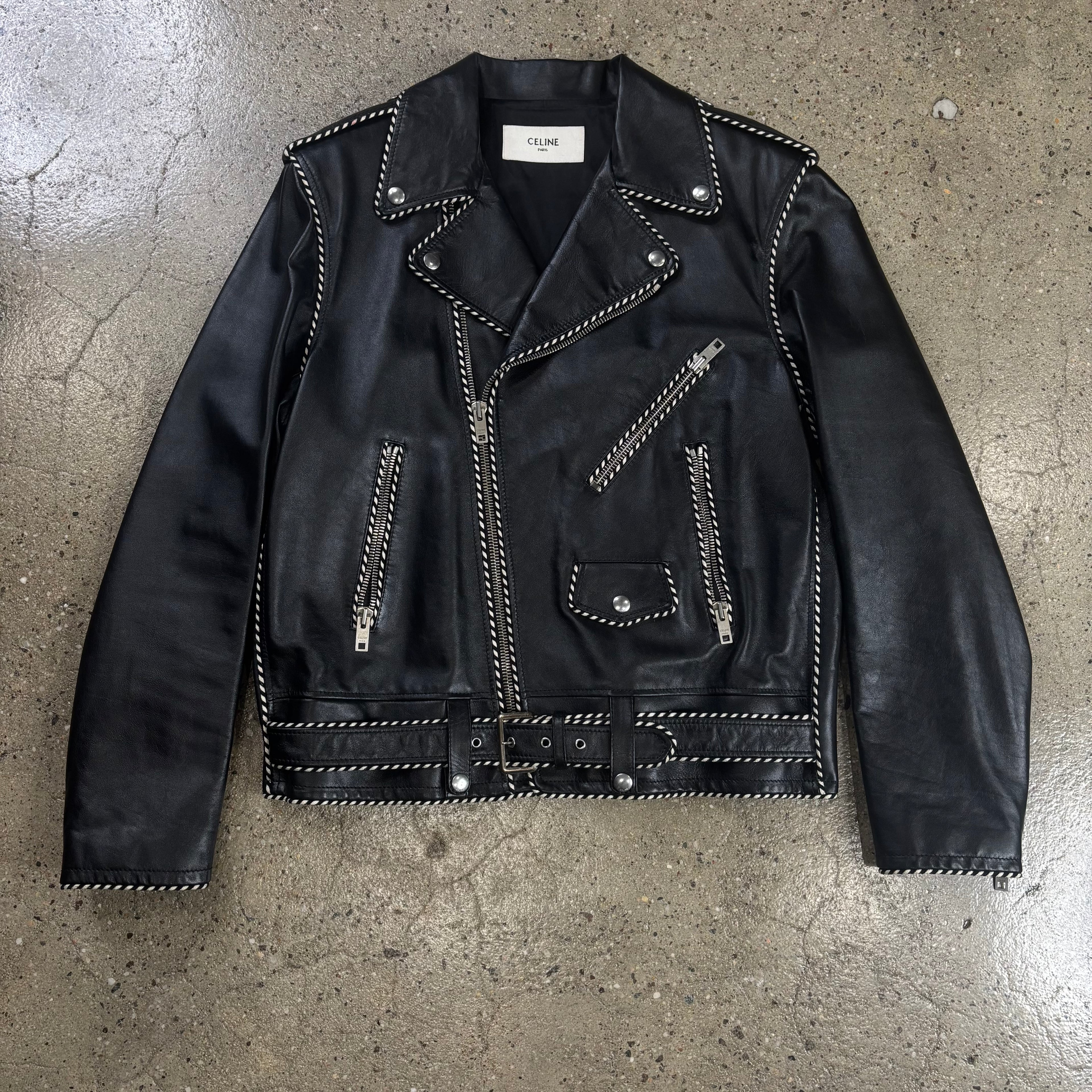 Celine Braided Piping Calf Leather Biker Jacket 