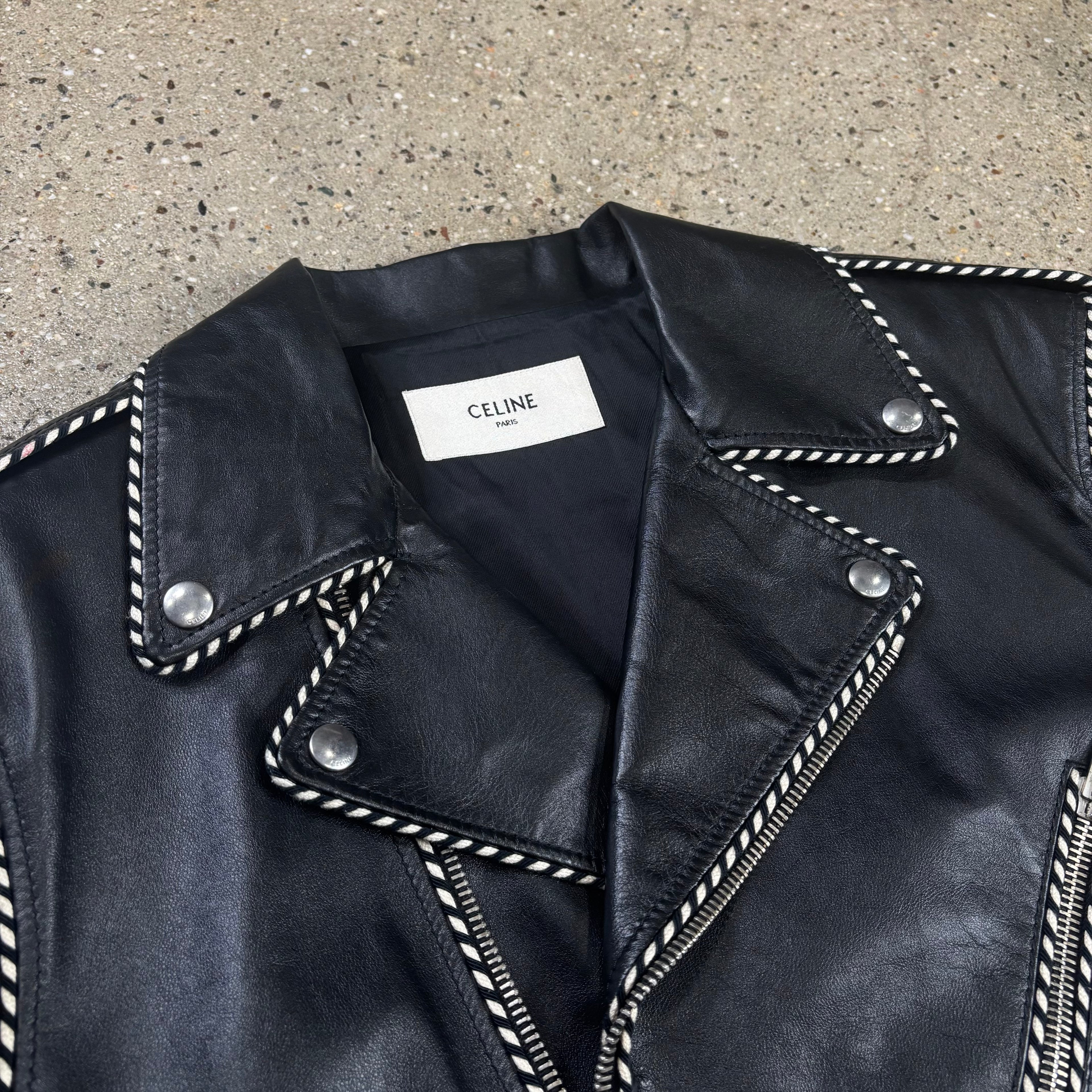 Celine Braided Piping Calf Leather Biker Jacket 