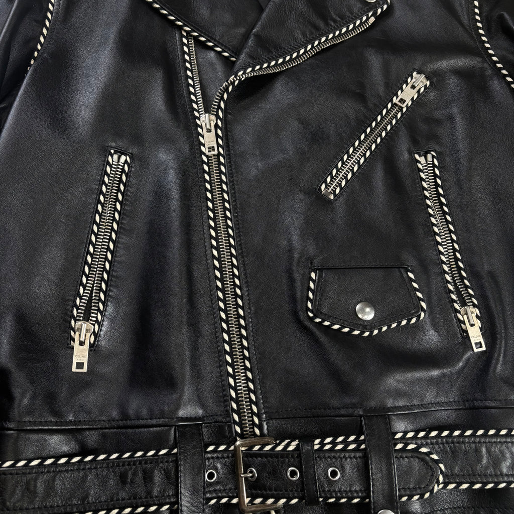 Celine Braided Piping Calf Leather Biker Jacket 