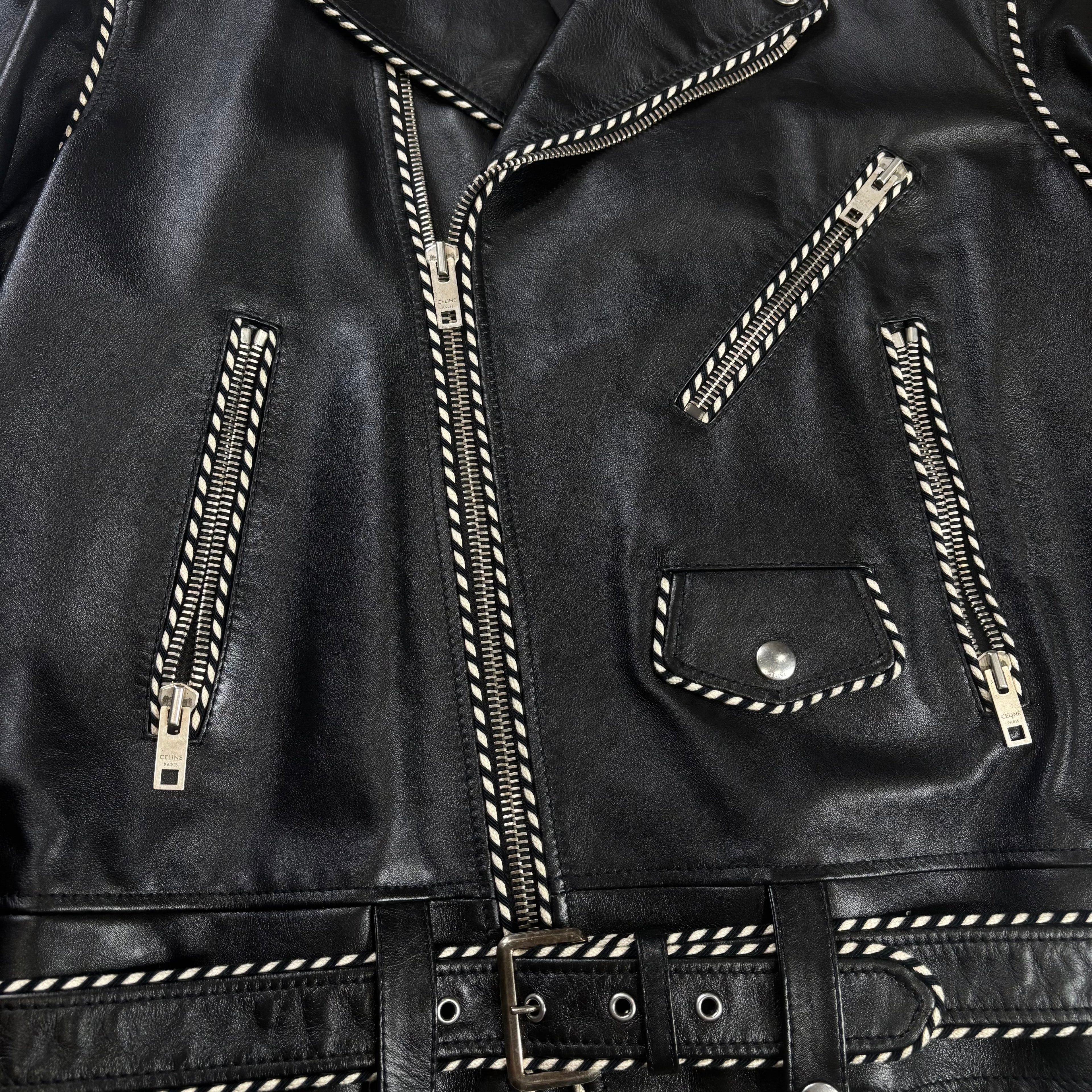 Celine Braided Piping Calf Leather Biker Jacket 
