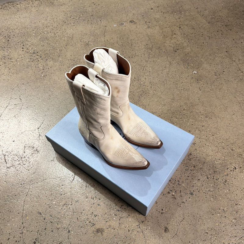 Prada Distressed Leather Cowboy Boots (White)