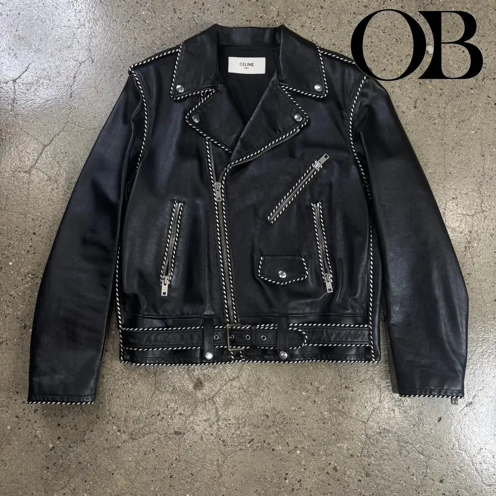 Celine Braided Piping Calf Leather Biker Jacket 
