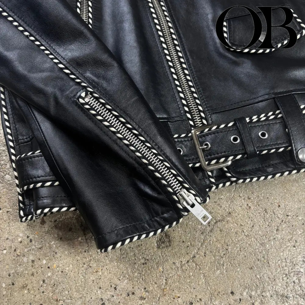 Celine Braided Piping Calf Leather Biker Jacket 
