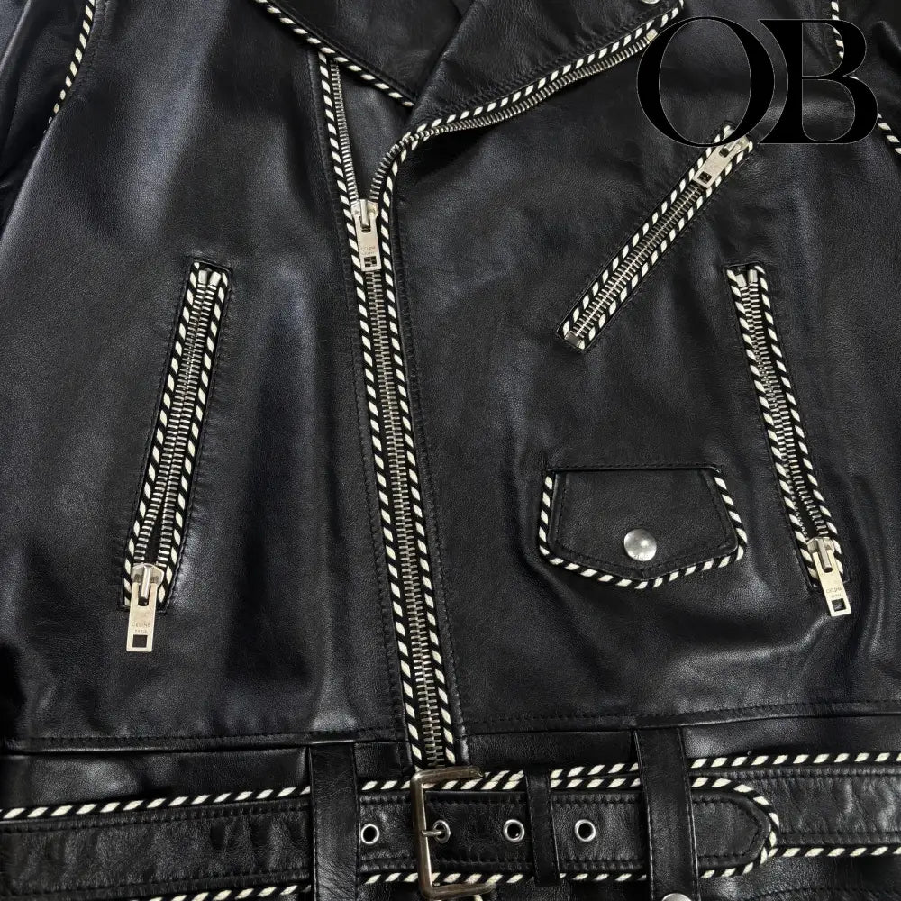 Celine Braided Piping Calf Leather Biker Jacket 