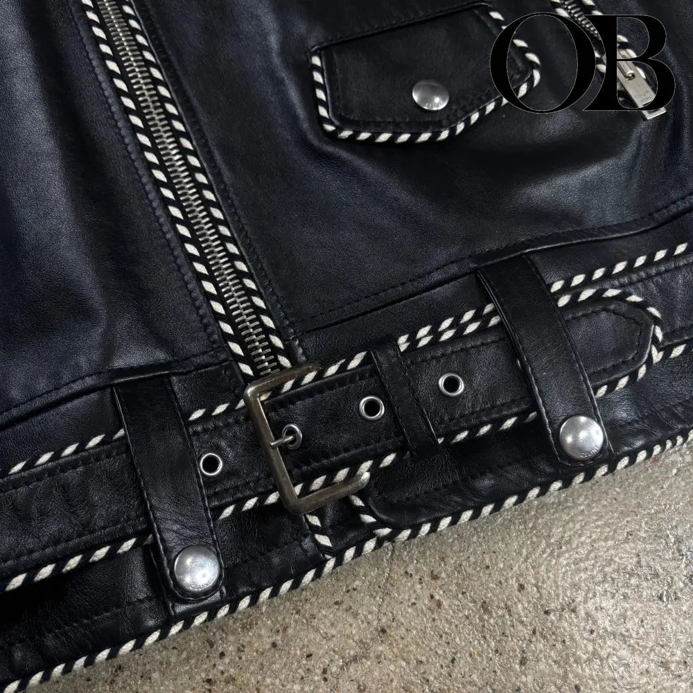 Celine Braided Piping Calf Leather Biker Jacket 