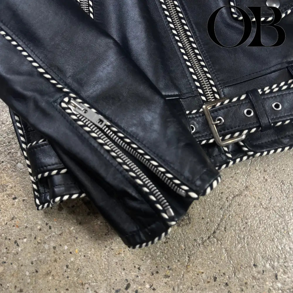 Celine Braided Piping Calf Leather Biker Jacket 