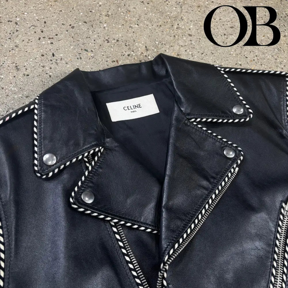 Celine Braided Piping Calf Leather Biker Jacket 