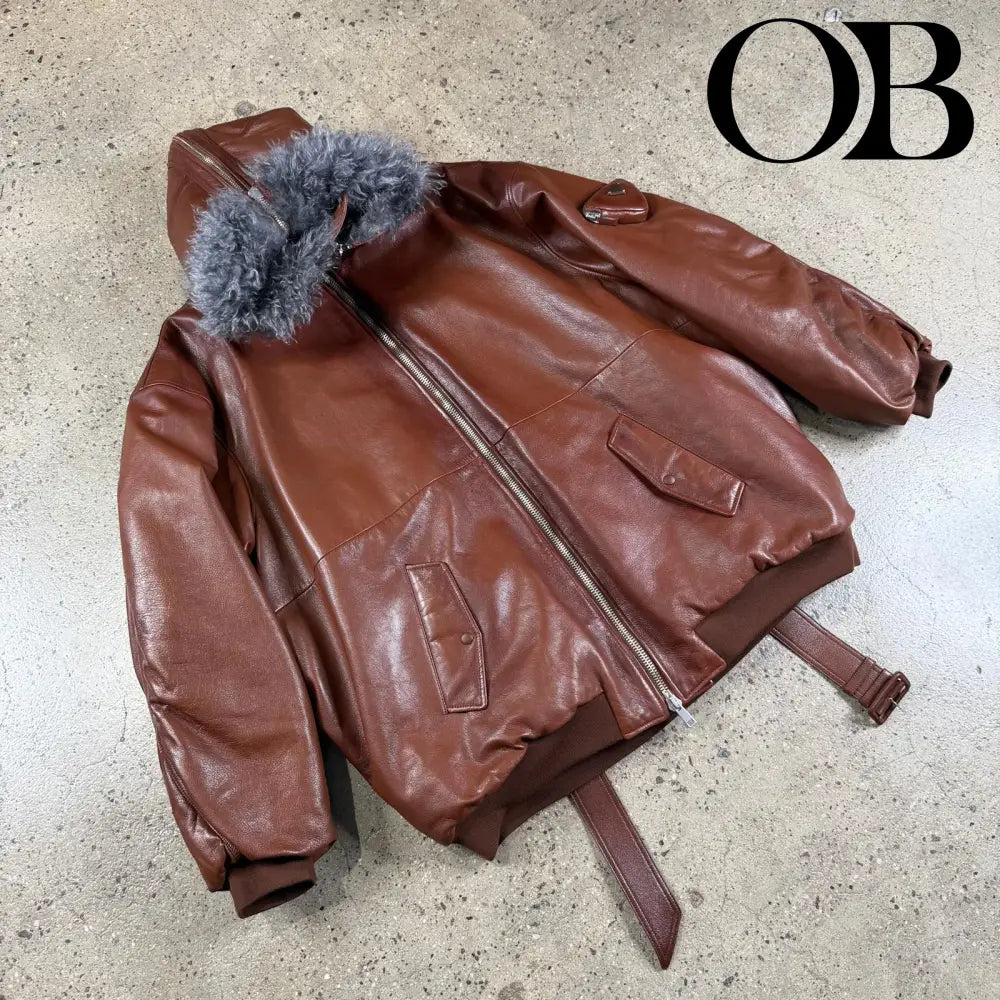 Prada Raf Simons Leather Hooded Bomber Jacket M / Brown