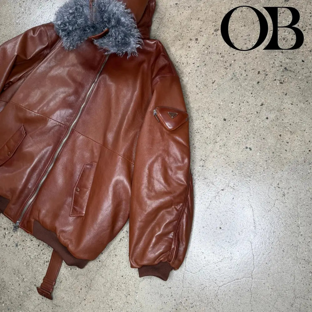 Prada Raf Simons Leather Hooded Bomber Jacket M / Brown