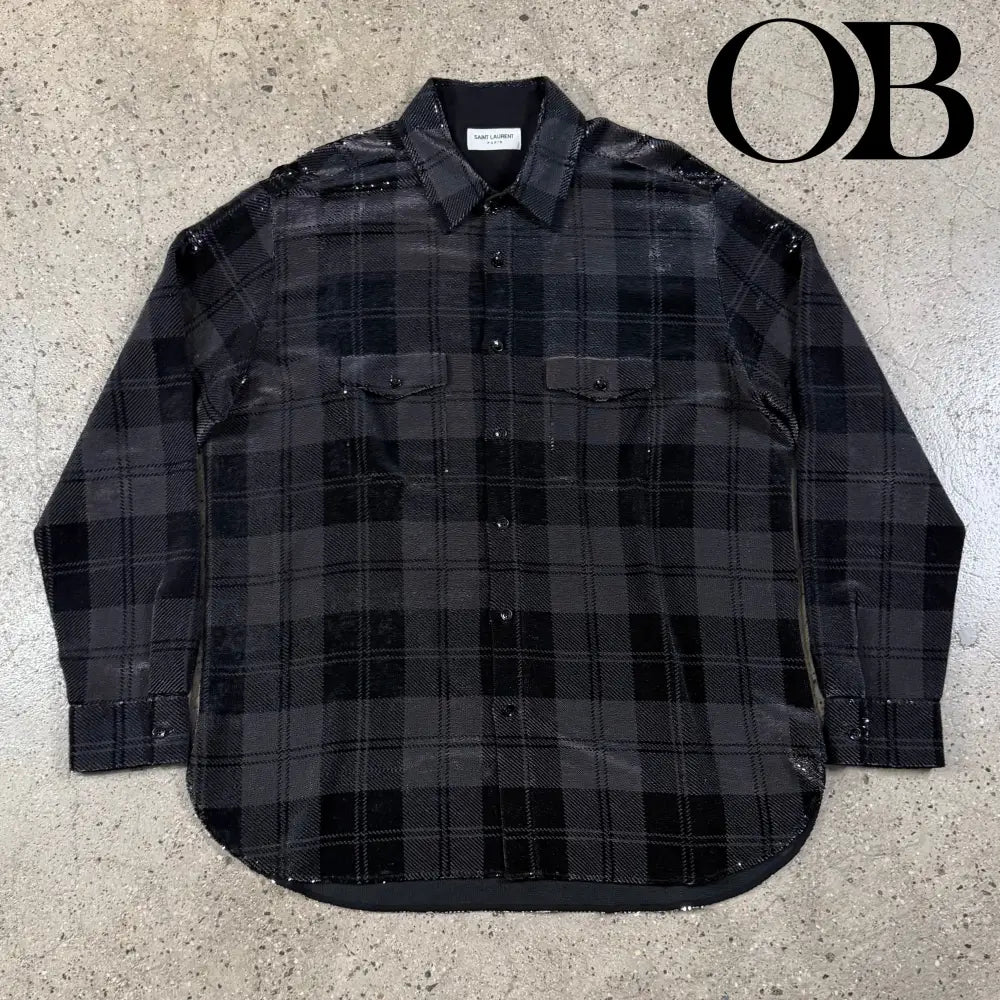 Saint Laurent Plaid Sequin Button-Up Overshirt L tops